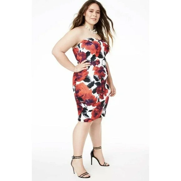 B.Darlin Junior's Sheath Dress Red Multi Plus Size 20X Strapless Floral-Print - Picture 2 of 10